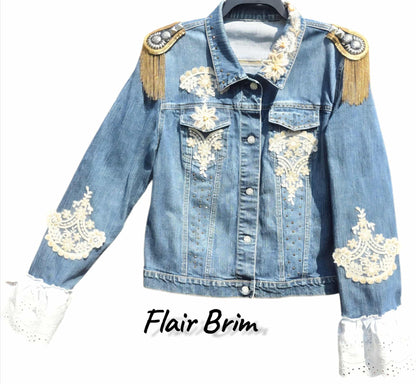 BOHO Statement Denim Jacket with Lace & Gold Epaulet | Unique Hand Embellished Jean Jacket