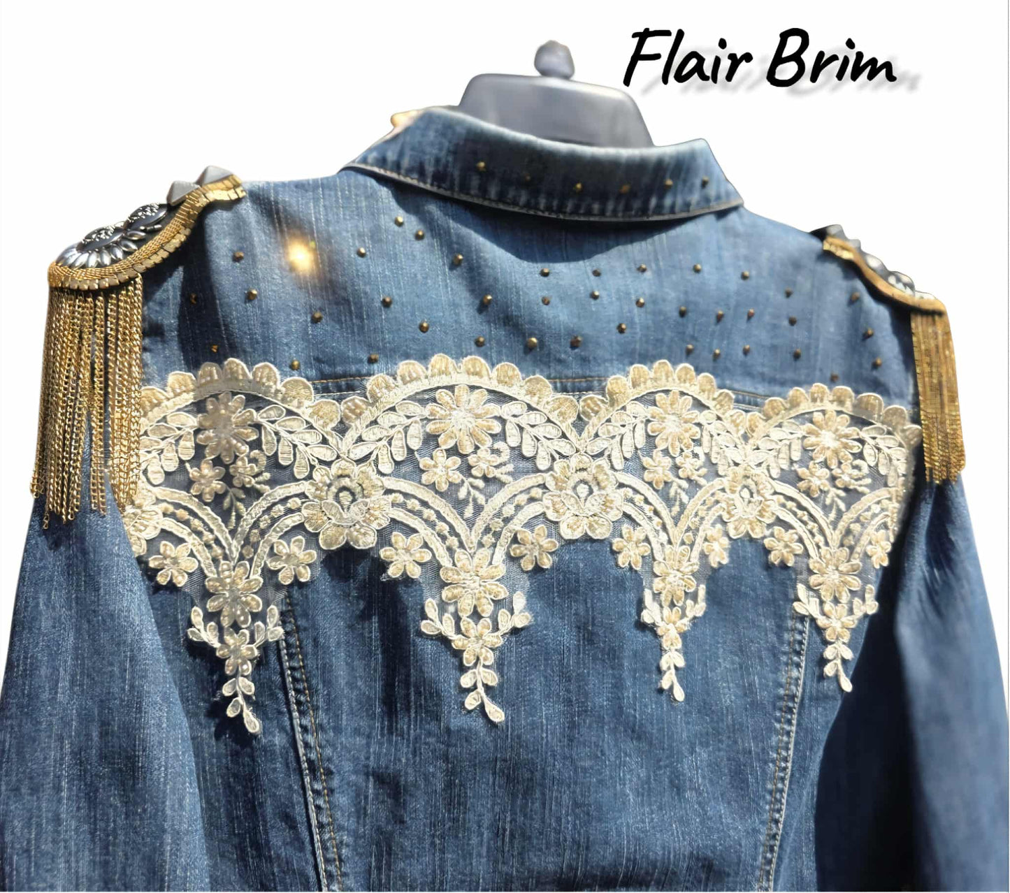 BOHO Statement Denim Jacket with Lace & Gold Epaulet | Unique Hand Embellished Jean Jacket