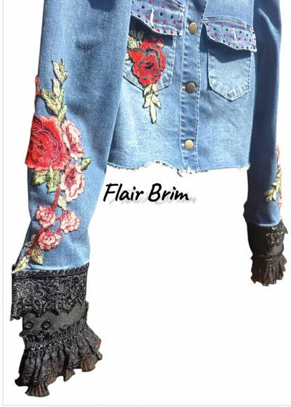 Gypsy Wanderer Denim Jacket – Boho Lace, Puff Sleeves & Western Embroidery