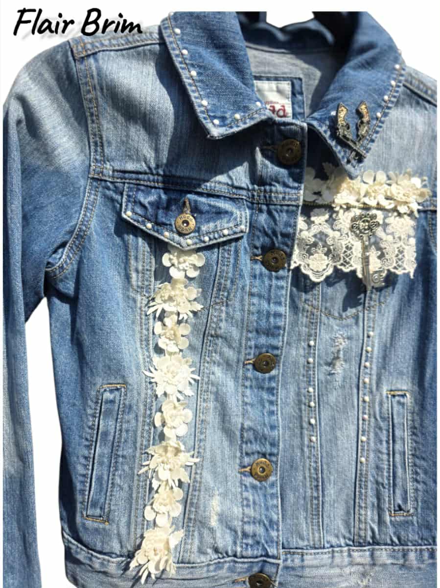 Boho Lace Denim Jacket: Handmade Appliqué, Vintage Accents