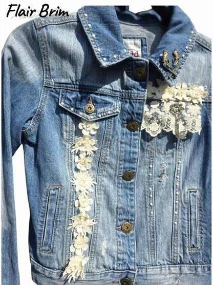Boho Lace Denim Jacket: Handmade Appliqué, Vintage Accents