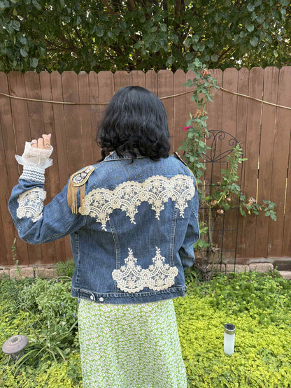 BOHO Statement Denim Jacket with Lace & Gold Epaulet | Unique Hand Embellished Jean Jacket