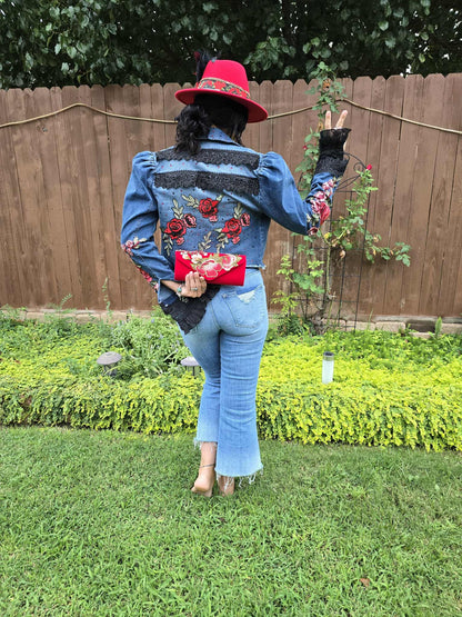 Gypsy Wanderer Denim Jacket – Boho Lace, Puff Sleeves & Western Embroidery