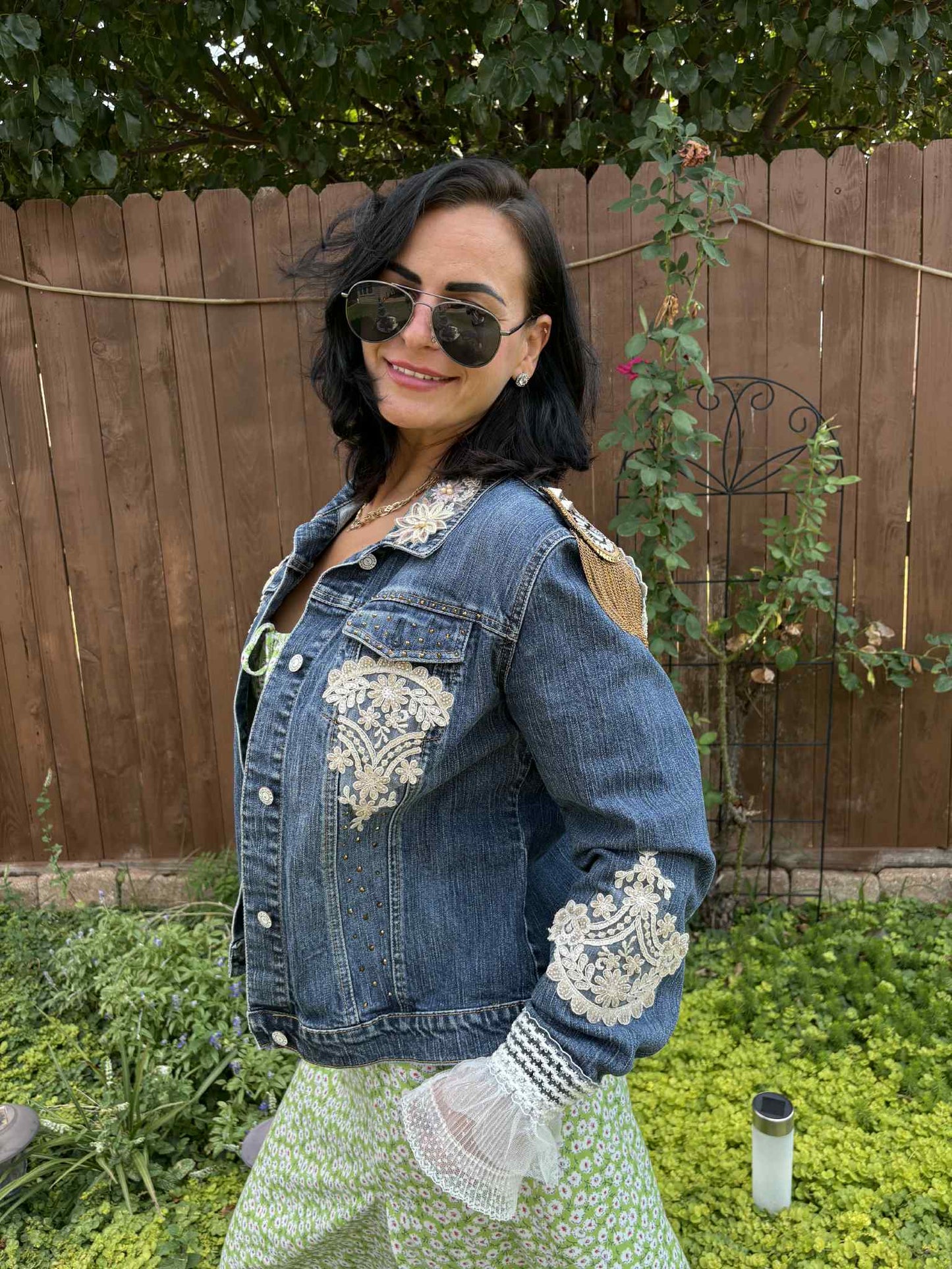 BOHO Statement Denim Jacket with Lace & Gold Epaulet | Unique Hand Embellished Jean Jacket