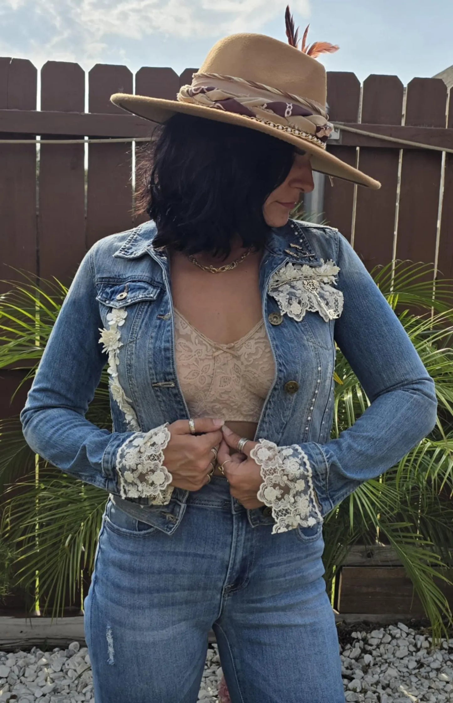 Boho Lace Denim Jacket: Handmade Appliqué, Vintage Accents