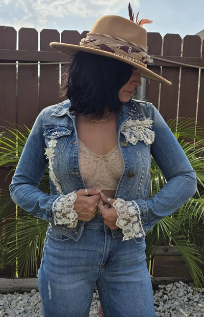 Boho Lace Denim Jacket: Handmade Appliqué, Vintage Accents