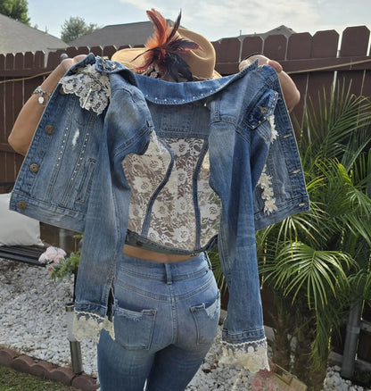 Boho Lace Denim Jacket: Handmade Appliqué, Vintage Accents