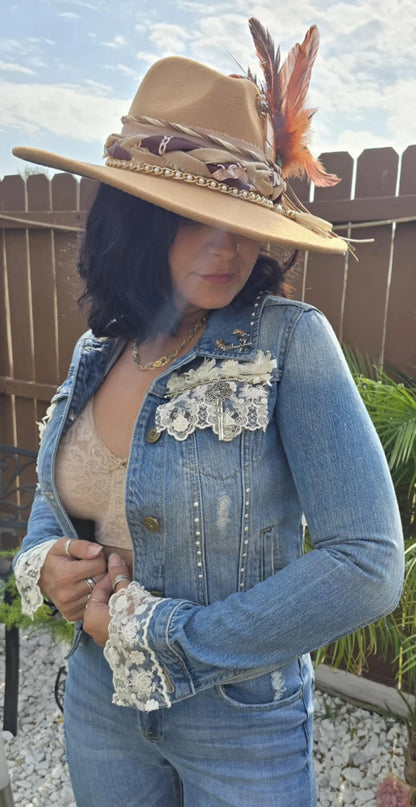 Boho Lace Denim Jacket: Handmade Appliqué, Vintage Accents