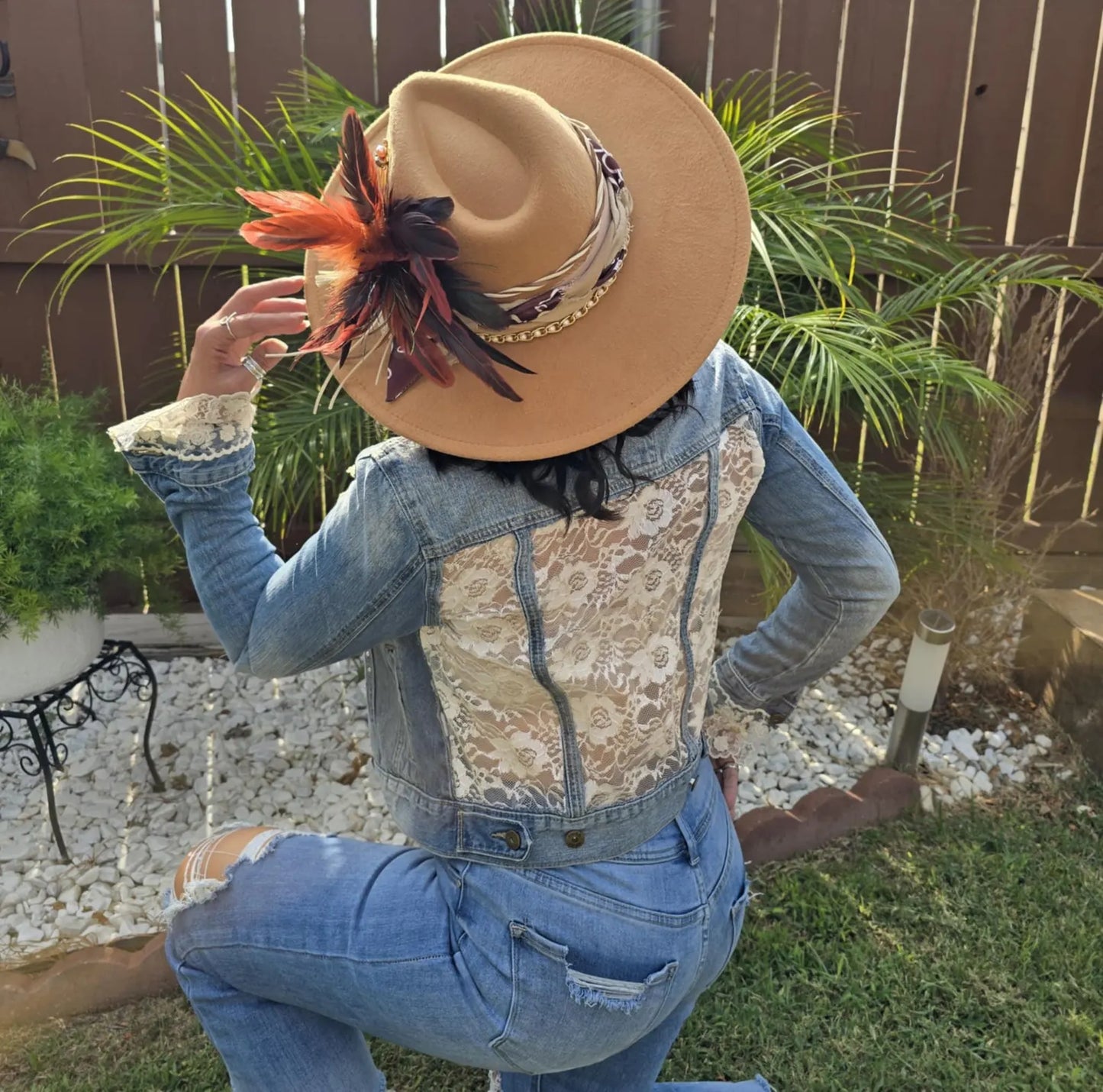 Boho Lace Denim Jacket: Handmade Appliqué, Vintage Accents