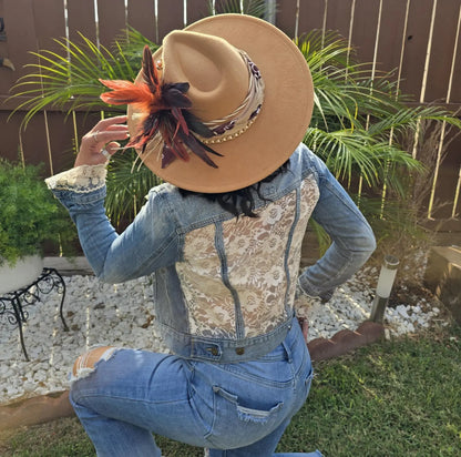Boho Lace Denim Jacket: Handmade Appliqué, Vintage Accents