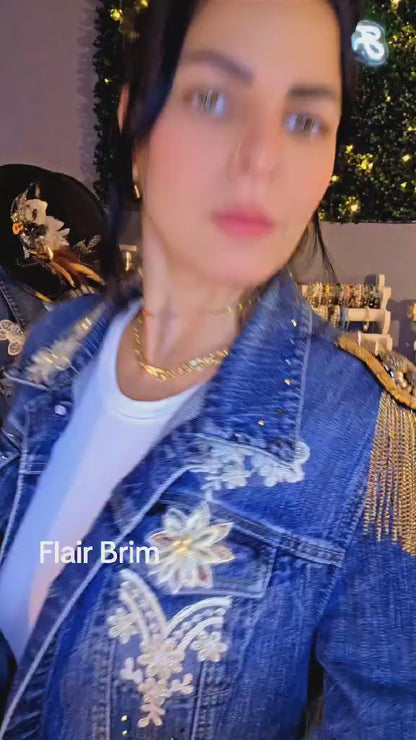 BOHO Statement Denim Jacket with Lace & Gold Epaulet | Unique Hand Embellished Jean Jacket