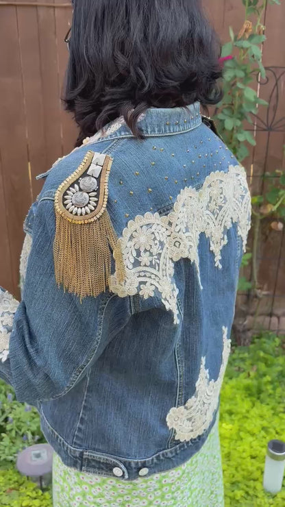 BOHO Statement Denim Jacket with Lace & Gold Epaulet | Unique Hand Embellished Jean Jacket