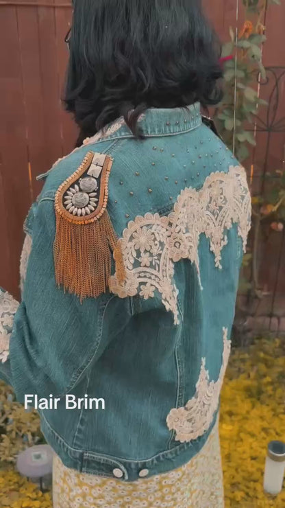 BOHO Statement Denim Jacket with Lace & Gold Epaulet | Unique Hand Embellished Jean Jacket
