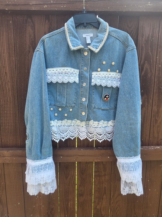 Cottagecore Denim Jacket – Lace Trim Cropped Jean Jacket | Handmade Boho Style